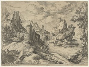 Costa rochosa na Campânia com a cidade e os viajantes de Paul Bril