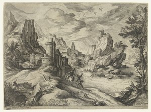 Rocky Coast na Campânia com cidade e viajantes de Paul Bril