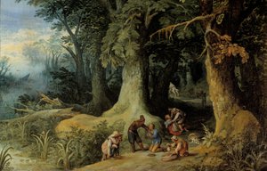 Ataque de armas num bosque Um grupo de bandidos de auto-estrada. Pintura de Paul Bril (Brill) (1554-1626)