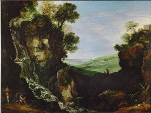 Paisagem com cascata e templo de Vesta em Tivoli de Paul Brill or Bril