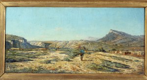 As colinas de Allauch Um caminhante em uma paisagem da Provença. Pintura de Paul Camille Guigou (1834-1871)
