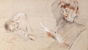 Madame Helleu Reading, com Paulette deitada ao lado dela em um sofá, de Paul Cesar Helleu