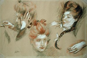 Estudo das Mulheres (giz vermelho e preto com giz branco no papel) de Paul Cesar Helleu