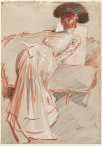 Mulher (possivelmente Madame Alice Hellu) a olhar para um desenho, c. 1895 (giz preto, vermelho e branco) de Paul Cesar Helleu