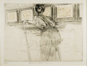Mulher olhando para desenhos de watteau no louvre, c. 1895 de Paul Cesar Helleu