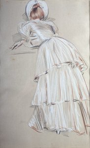 Mulher, ficar, inclinar-se, detrás, (pastel) de Paul Cesar Helleu