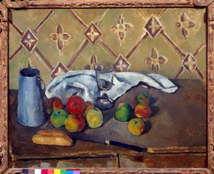 Frutas, toalha, pão e caixa de leite Pintura de Paul Cezanne (1839-1906) 1880 Sol. 0,6x0,73 m Paris, Musee de l