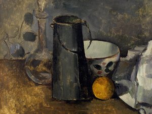 Natureza morta com jarra, lata de leite, tigela e laranja de Paul Cézanne