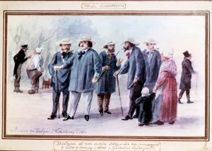 O escritor francês Honore de Balzac (1799-1850) e seus amigos se disfarçam de camponeses na cidade de Avray em 1840. Aquarela pintada de memória por Paul Chardin (1833-?) de Paul Chardin