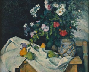 Flores em uma jarra de gengibre e frutas de Paul Cézanne