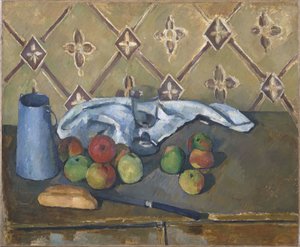 Jarra de frutas, guardanapo e leite de Paul Cézanne