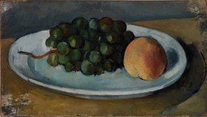 Uvas e pêssego numa placa de Paul Cézanne