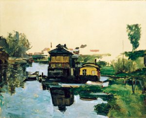 Casas flutuantes num rio de Paul Cézanne