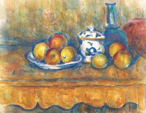 Natureza morta com garrafa azul, açucareiro e maçãs de Paul Cézanne