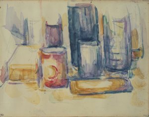 Mesa de cozinha: panelas e garrafas de Paul Cézanne