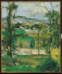 Aldeia atrás das árvores, Ilha de França, c.1879 de Paul Cézanne
