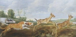 Uma cena de caça: cães perseguindo dois faunos