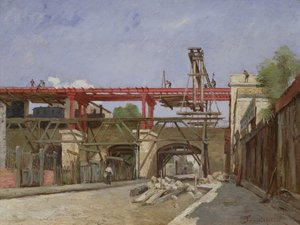 Trabalhadores, levantando, a, estrada pista estrada ferro, trilhas, ligado, a, ponte, de, a, rue de la, Voute, paris, 1888