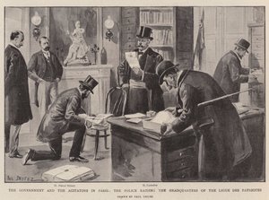 O governo e os agitadores em Paris, a polícia invadindo a sede da Ligue des Patriotes