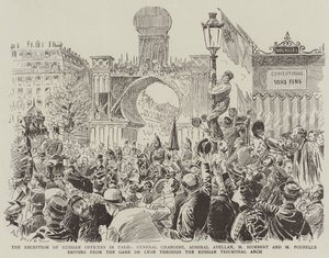 A recepção de oficiais russos em Paris, General Chanoine, Almirante Avellan, M Humbert e M Poubelle dirigindo da Gare de Lyon através do Arco do Triunfo da Rússia