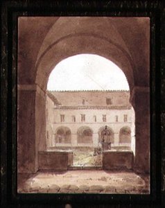 Vista de um Claustro com um Poço (aguarela sépia sobre papel) de Paul Emile Detouche