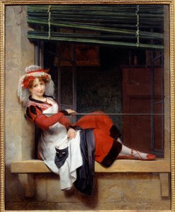 A espera pelas máscaras do baile Uma jovem mulher sentada na borda de uma janela. Pintura de Paul Emile Destouches (1794-1874) Nantes musee des Beaux Arts do século XIX de Paul Emile Detouche