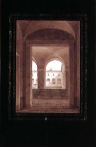 Vista de um claustro com uma fonte (aguarela sépia sobre papel) de Paul Emile Detouche