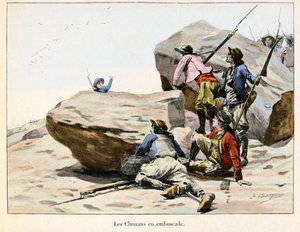 Chouannerie: Les Chouans en ambuscade, final do século XVIII - Ilustração de Emile Boutigny (1853-1929) Em "Hoche-Marceau-Desaix" de Theodore Cahu (1854-1928) - Coleção particular - Chouannerie: Ilustração de Emile Boutigny (1853-1929) para "Hoche-Marcea