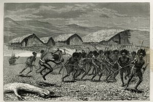 Descida dos guerreiros Papus Arfaks em Dorey (Nova Guiné Ocidental), gravada por E.Mesples, para ilustrar a viagem à Nova Guiné por Achille Raffray, encarregado de uma missão científica pelo Ministério da Educação Pública, em 1876-1877, publicada no tour d de Paul Eugene (after) Mesples