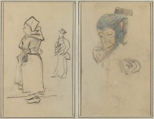Uma mulher bretã e um homem de pé; Cabeça e mão de um macaco [reto] de Paul Gauguin