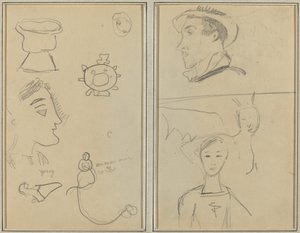 Uma caricatura e cinco formas; Um homem de perfil, uma criatura alada e um menino [verso] de Paul Gauguin