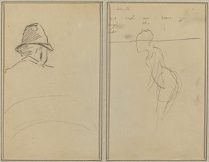 Uma cabeça de homem com chapéu, vista de trás; Uma mulher em pé [reto] de Paul Gauguin