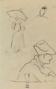 Uma pessoa segurando um guarda-chuva e um homem sentado com um chapéu e um copo [verso] de Paul Gauguin