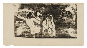 Nas rochas negras, do conjunto de gravuras tardias em bloco de madeira de Paul Gauguin