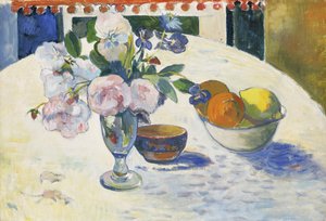 Flores e uma tigela de frutas em uma tabela de Paul Gauguin