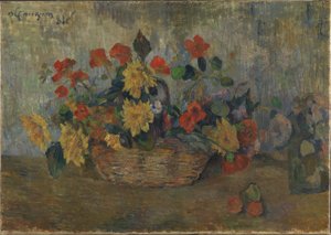 Francês: Capucines et dahlias dans une corbeille, ou Corbeille de fleurs Chagas e dálias num cesto de Paul Gauguin
