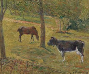 Francês: Vache et cheval dans un pré Vaca e cavalo num prado de Paul Gauguin