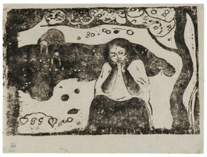 Misérias humanas, da série de gravuras tardias em bloco de madeira de Paul Gauguin