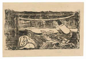 Interior de uma cabana taitiana, da suíte de gravuras tardias em blocos de madeira de Paul Gauguin