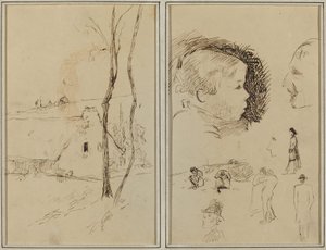 Paisagem com uma casa de campo; Perfil do menino, perfil do homem, duas mulheres em uma paisagem e cinco outros estudos [verso] de Paul Gauguin