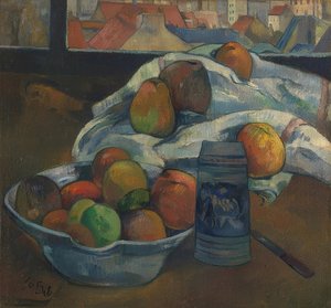 Fruteira e jarro na frente de uma janela. Provavelmente 1890 de Paul Gauguin