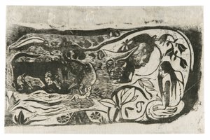 Placa com a cabeça de um diabo com chifres, da suíte de gravuras tardias em bloco de madeira de Paul Gauguin