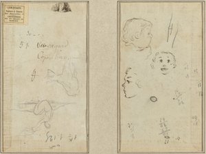Figura sentada e uma vaca; Três estudos da cabeça de uma criança de Paul Gauguin