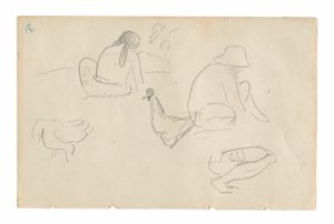Esboços de Figuras Sentadas e Galinhas (reto), Torso Feminino Nu (relacionado à pintura Te a no areois [A Semente do Areoi]) (verso), do Carnet de Tahiti (caderno de desenho taitiano) de Paul Gauguin