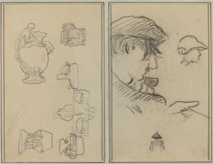 Estudos de jarros e vasos; Um homem de bigode e um menino de chapéu [reto] de Paul Gauguin