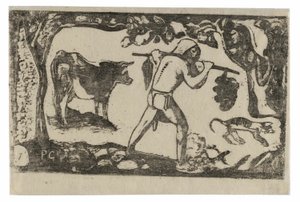 Tahitian carregando bananas, da suíte de gravuras tardias em bloco de madeira de Paul Gauguin