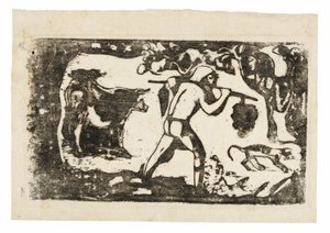 Tahitian carregando bananas, da suíte de gravuras tardias em bloco de madeira de Paul Gauguin