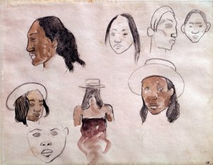 Cabeças taitianas. Aquarela de Paul Gauguin (1848-1903) de Paul Gauguin