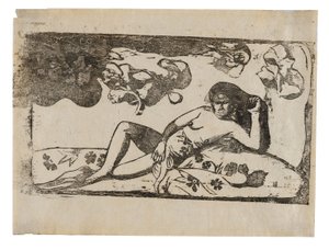 Te arii vahine-opoi (Mulher com mangas cansadas), da série de gravuras tardias em bloco de madeira de Paul Gauguin