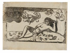 Te arii vahine-opoi (Mulher com mangas cansadas), da série de gravuras tardias em bloco de madeira de Paul Gauguin